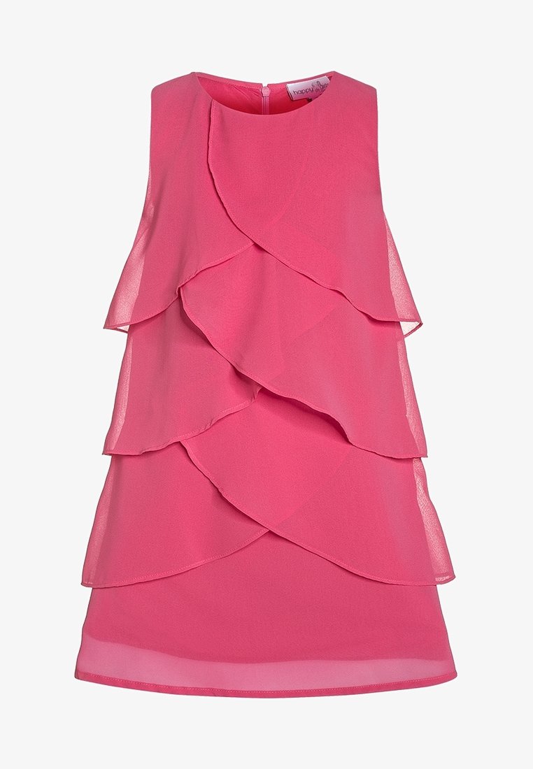 Růžové šatky bez rukávů s vrstvenými volány, vyrobené z lehkého materiálu. Mají kulatý výstřih a zapínání na zip vzadu.