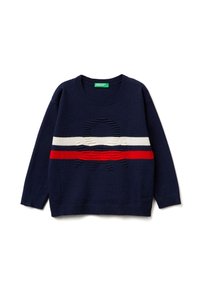 Maglione blu navy con collo a giro, caratterizzato da righe orizzontali bianche e rosse e un motivo testurizzato. Tessuto lavorato a maglia, maniche lunghe e polsini a costine.
