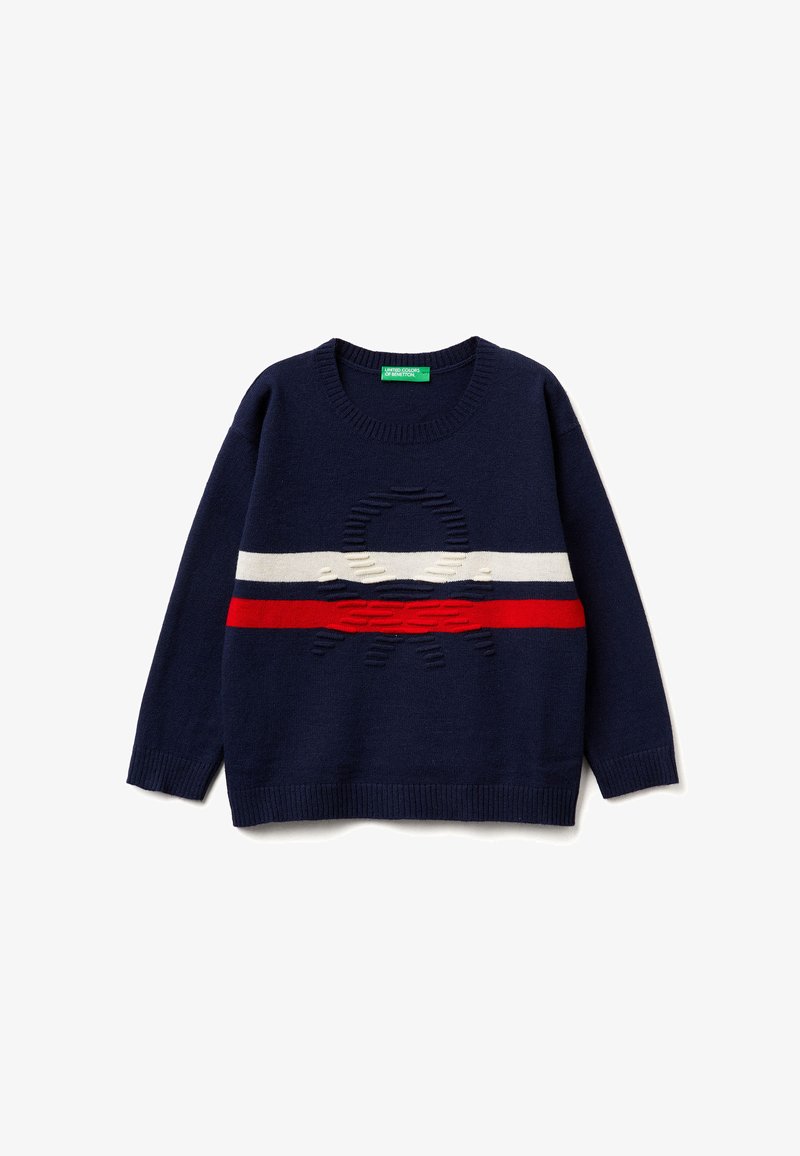 Marineblauer Pullover mit Rundhalsausschnitt, der über weiße und rote horizontale Streifen sowie ein strukturiertes Muster verfügt. Gestrickter Stoff, lange Ärmel und gerippte Bündchen.