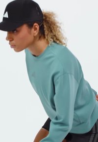 Teal sweatshirt with a round neck and long sleeves, featuring an Adidas logo. Paired with black shorts and a black cap. Smooth texture.