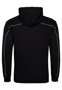 Sudadera negra hecha de mezcla de algodón, con capucha y mangas largas, adornada con costuras grises a lo largo de las costuras.