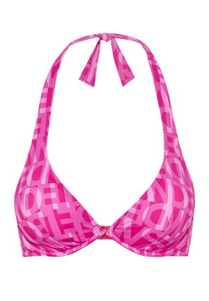 Pink halter bikini top with abstract, overlapping white and darker pink letters pattern, tied at the neck and clasped at the front.
