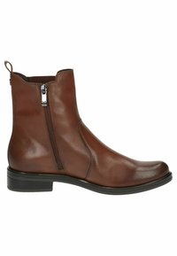 Braune Lederstiefelette mit seitlichem Reißverschluss, runder Zehenpartie und flacher Sohle. Mit glatter Textur und minimalistischem Design.