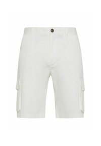 Pantaloni cargo bianchi in cotone, con due tasche laterali e chiusura con bottone in vita. Texture liscia, design che arriva fino al ginocchio.