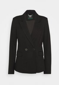 Blazer noir ajusté avec revers crantés, double boutonnage sur le devant, poches à rabat et étiquette de la marque Guess à l'intérieur du col.