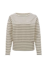 Long-sleeve top in beige with thin black stripes. Round neckline, relaxed fit, and textured fabric create a modern, minimalist design.