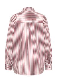 Red and white striped blouse with a back yoke, pleat detail, and buttoned cuffs. Made of lightweight fabric, featuring a classic collar design.