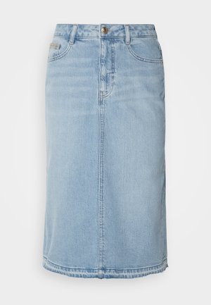 Jasnoniebieska spódnica dżinsowa o prostym kroju, z przednimi kieszeniami i zapięciem na guziki. Charakteryzuje się wyblakłą fakturą i przeszyciami.