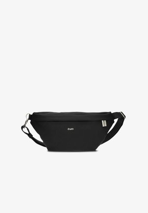 Schwarze Bauchtasche mit einem eleganten, abgerundeten Design aus robustem Material. Verfügt über ein silbernes Logo, einen verstellbaren Riemen und einen Reißverschluss.