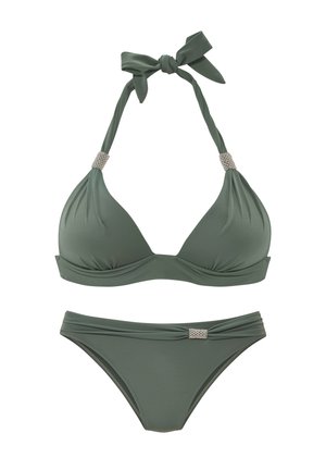 Olive green two-piece bikini with halter tie top and silver decorative accents on straps and waistband.