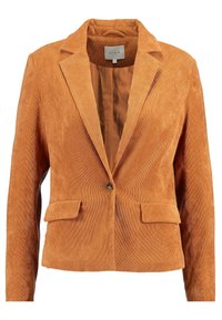 Orange kordflöjel kavaj med spetsig krage, enkel knappknäppning, två framfickor och ett slätt innerfoder. Texturerad tyg med vertikala ränder.