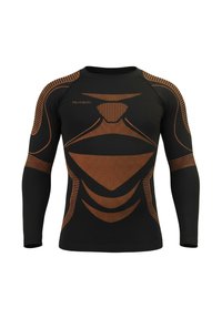 Black long-sleeve athletic shirt with orange stripe patterns and mesh-like accents on the chest and shoulders. Made from stretchy, moisture-wicking fabric.