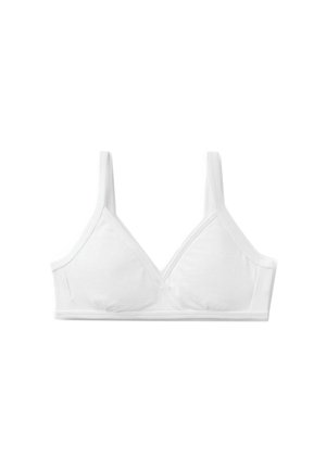 Bralette en coton blanc avec un design en V, des bretelles fines réglables et une finition sans couture. Texture douce avec des détails de couture subtils.