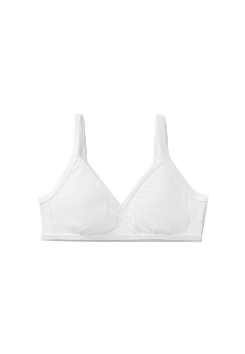 White cotton bralette with a V-neck design, thin adjustable straps, and a seamless finish. Soft texture with subtle stitching details.