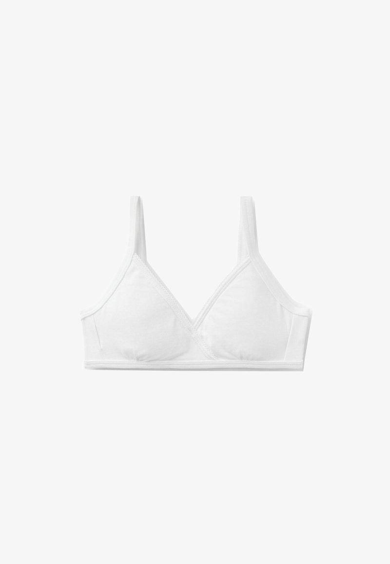 Bralette en coton blanc avec un design en V, des bretelles fines réglables et une finition sans couture. Texture douce avec des détails de couture subtils.