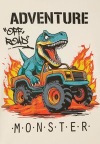 Grafika przedstawia niebieskiego dinozaura z otwartą paszczą, jadącego na pomarańczowym monster trucku, na tle płomieni. Napis brzmi "PRZYGODA OFF-ROAD MONSTER."