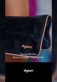 Dyson Corrale hårstrykare med en snygg svart yta, koppardetaljer och en mjuk textur. Logotyp synlig på sidan.