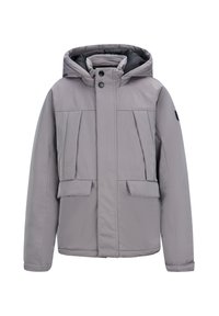 Giacca invernale grigia chiara con cappuccio, chiusura anteriore con bottoni e zip, due tasche a pattina e design imbottito per il calore.