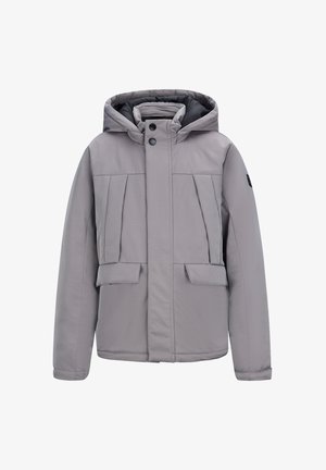 Jasnoszara zimowa kurtka z kapturem, z zapięciem na guziki i zamek błyskawiczny, dwiema kieszeniami z klapką oraz ocieplaną konstrukcją.