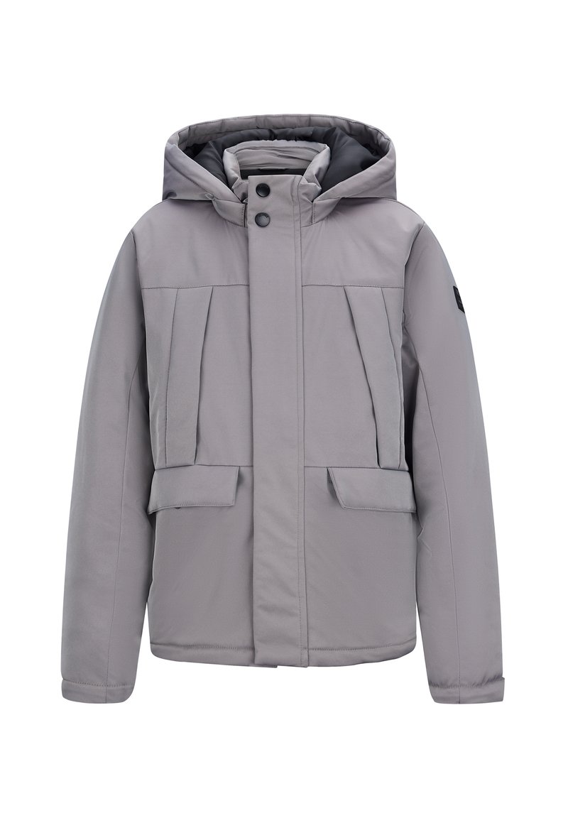 Giacca invernale grigia chiara con cappuccio, chiusura anteriore con bottoni e zip, due tasche a pattina e design imbottito per il calore.