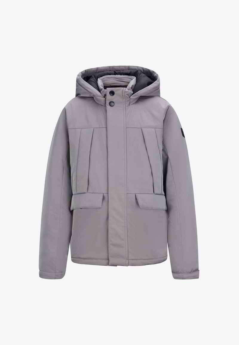 Jasnoszara zimowa kurtka z kapturem, z zapięciem na guziki i zamek błyskawiczny, dwiema kieszeniami z klapką oraz ocieplaną konstrukcją.