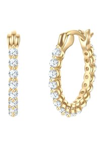 Zlaté kruhové náušnice s nepretržitou líniou okrúhlych, priehľadných drahokamov zasadených do drážkovaného dizajnu. Leštený povrch s hladkými hranami.