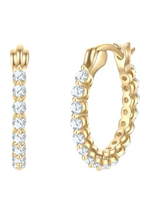 Zelta auskari ar gredzenveida dizainu, kas raksturo nepārtrauktu kārtu no apaļām, caurspīdīgām akmentiņām, kas iekļautas iedziļinātā dizainā. Spodrinātas virsmas apdare ar gludām malām.