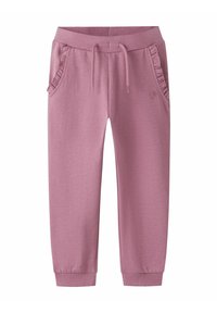 Lyserøde joggere i bomuldsblanding med ribbet talje, snøre, flæse-på-sidelommer og broderet hjerte-detalje nær hoften.
