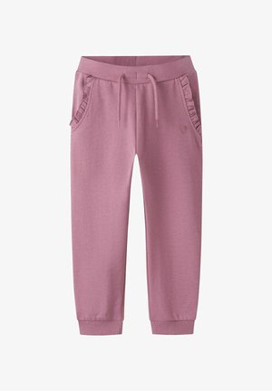 Roze joggers van een katoenmix met geribbelde tailleband, trekkoord, geplooide zijzakken en geborduurd hartdetail nabij de heup.