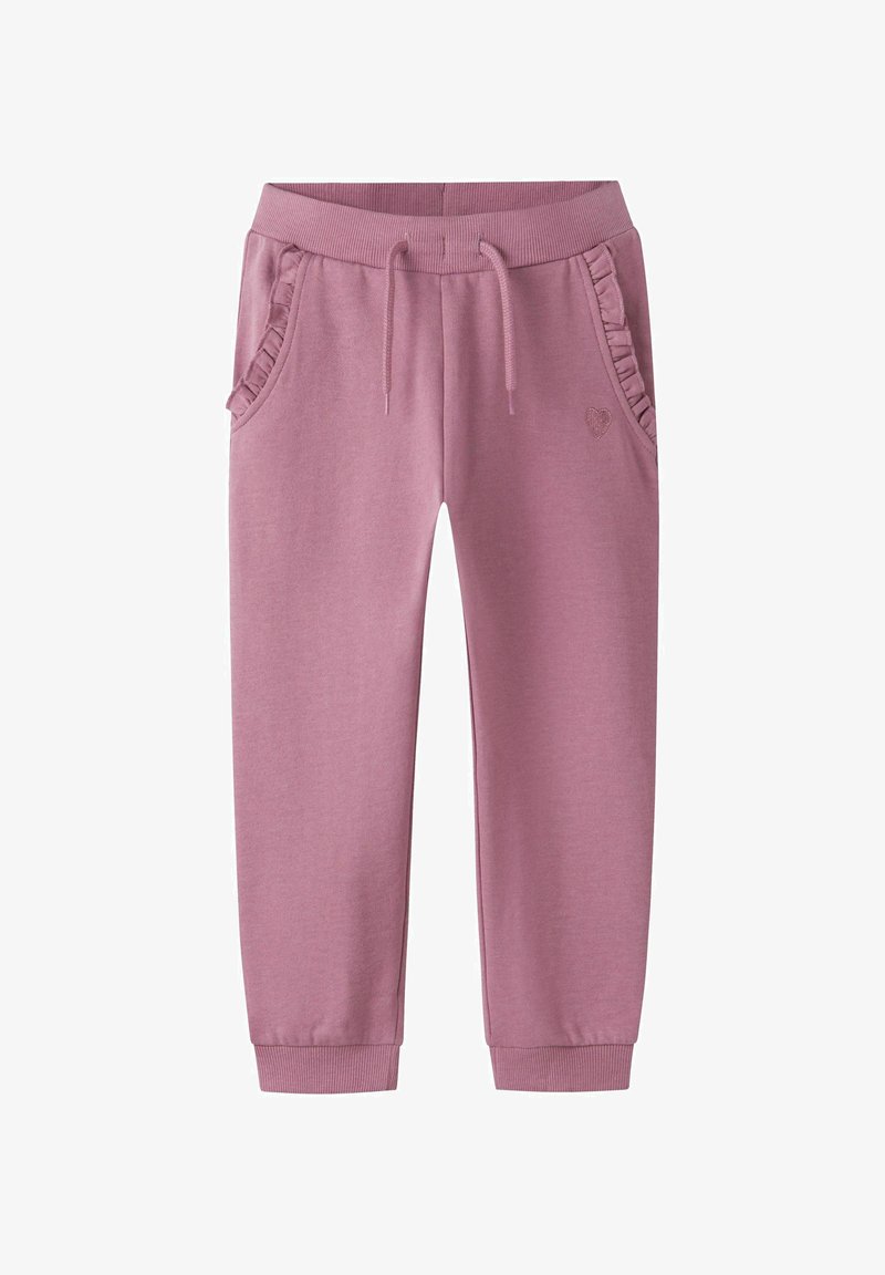 Rosa Jogginghosen aus Baumwollmischung mit geripptem Bund, Kordelzug, Rüschen-Seitentaschen und gesticktem Herzdetail in Hüfthöhe.