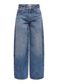 Jeans in denim a gamba larga di blu medio, con vita alta, cuciture a vista, cinque tasche e chiusura con bottone frontale.
