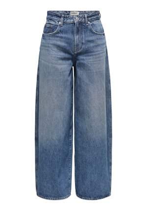 Vide benedungsverden med middels blå denimjeans med høy midje, synlige sømmer, fem lommer og knappelukking foran.