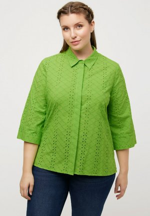 Blusa verde ricamata con colletto a punta, maniche a tre quarti e dettagli in pizzo a motivo diamante. Abbinata a pantaloni jeans scuri.