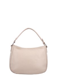 Kleine beigefarbene Lederhandtasche mit einem einzelnen runden Henkel und silbernen Metallringen, die den Henkel an der Tasche befestigen.