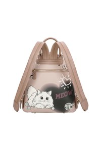 Zainetto in ecopelle rosa con spallacci regolabili, con motivo di un gatto fumetto, cuori e una tasca frontale con cerniera.