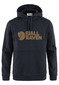 Felpa colore navy in cotone, con un grande logo marrone di Fjällräven sul davanti, tasca a marsupio e polsini e orlo a coste.