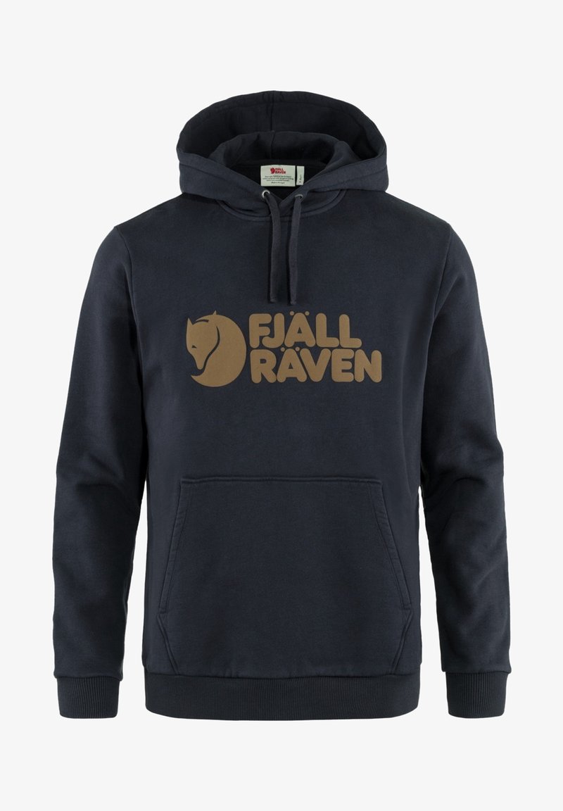Felpa colore navy in cotone, con un grande logo marrone di Fjällräven sul davanti, tasca a marsupio e polsini e orlo a coste.