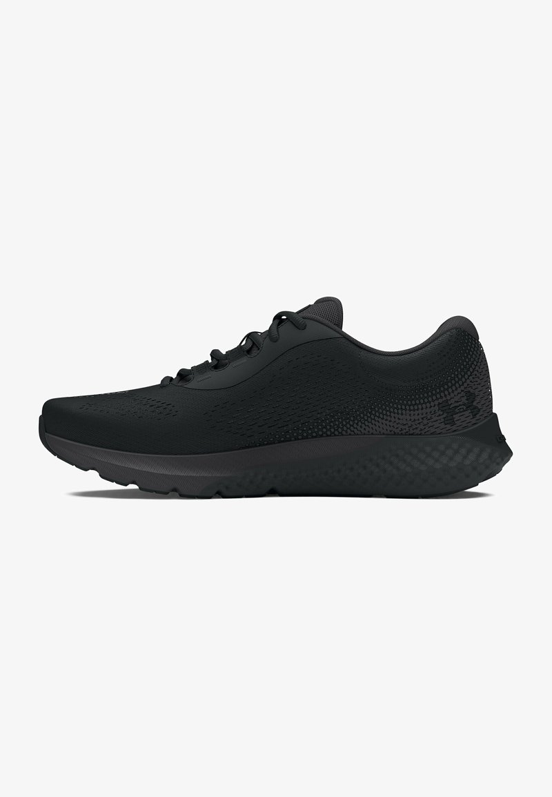 Chaussures de sport noires avec un dessus synthétique lisse, des accents texturés et une semelle rembourrée. Design à lacets avec des détails de marque minimalistes.