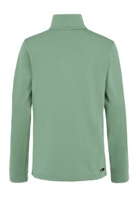 Maglione a maniche lunghe color verde menta con colletto alto. Tessuto morbido con cuciture rinforzate e una piccola etichetta del marchio in basso a sinistra.