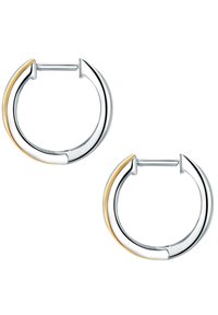 Strieborné kruhové náušnice so zlatým akcentom. Elegantný dizajn s jemnou textúrou a tenkým profilom. Bezpečné uzatváranie na kolík.
