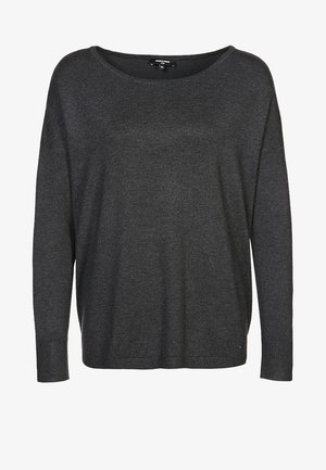 Dunkelgrauer Pullover mit langen Ärmeln und Rundhalsausschnitt. Hergestellt aus einem weichen Strickstoff, mit lockerer Passform und minimaler Gestaltung.