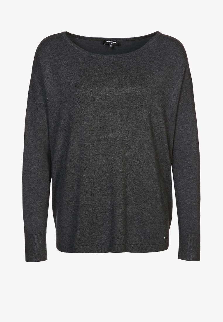 Pull en maille gris foncé à manches longues avec un décolleté dégagé. Fabriqué à partir d'un tissu en maille doux, il présente une coupe décontractée et peu de détails.
