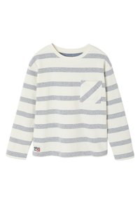 Langärmliges Hemd in Creme mit marineblauen horizontalen Streifen, mit einer Tasche im passenden Streifenmuster. Weicher Stoff, runder Halsausschnitt.