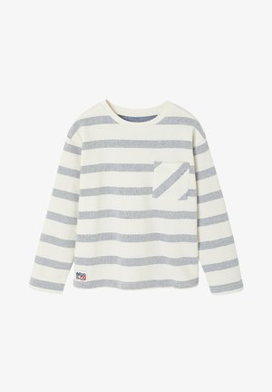 Langärmliges Hemd in Creme mit marineblauen horizontalen Streifen, mit einer Tasche im passenden Streifenmuster. Weicher Stoff, runder Halsausschnitt.