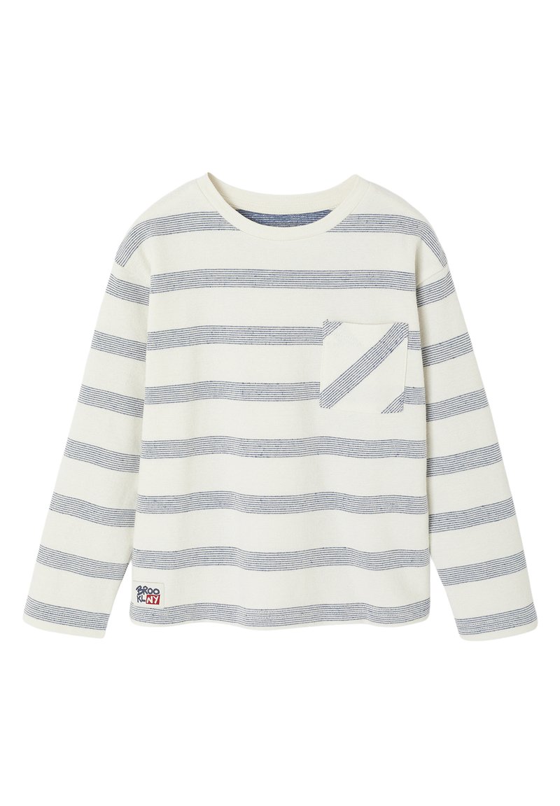 Langärmliges Hemd in Creme mit marineblauen horizontalen Streifen, mit einer Tasche im passenden Streifenmuster. Weicher Stoff, runder Halsausschnitt.