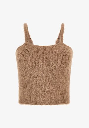 Bruin fuzzy crop top met dikke bandjes, gemaakt van een zachte, gestructureerde brei. Het ontwerp heeft een vierkante halslijn en is gesneden voor een relaxte pasvorm.