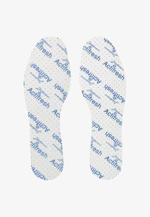 Baltas zolītes ar zilu "Actifresh" zīmolu, ar punktveida tekstūru gaisa caurlaidībai un mitruma kontrolei. Plakanas, ovālas formas dizains.