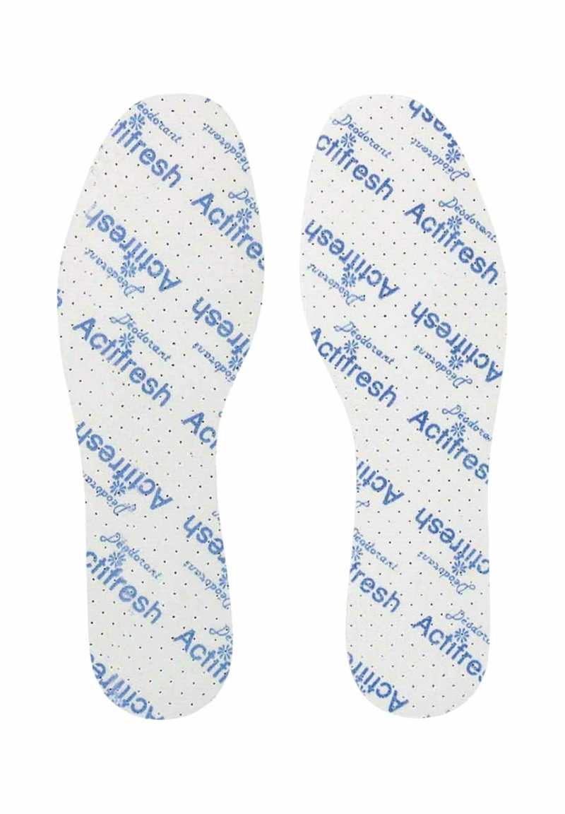 Plantillas blancas con la marca azul "Actifresh", que presentan una textura punteada para transpirabilidad y control de la humedad. Diseño plano y ovalado.