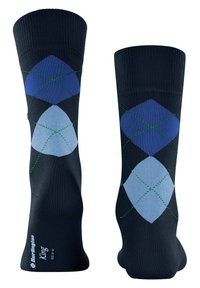 Calcetines de alta hasta la rodilla en azul oscuro con un patrón de argyle en azul claro y marino, y detalles en verde. Fabricados con un material textil suave.