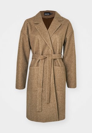 Brown, long-sleeve coat made of textured fabric, featuring a belted waist, notched collar, two side pockets, and a relaxed fit.